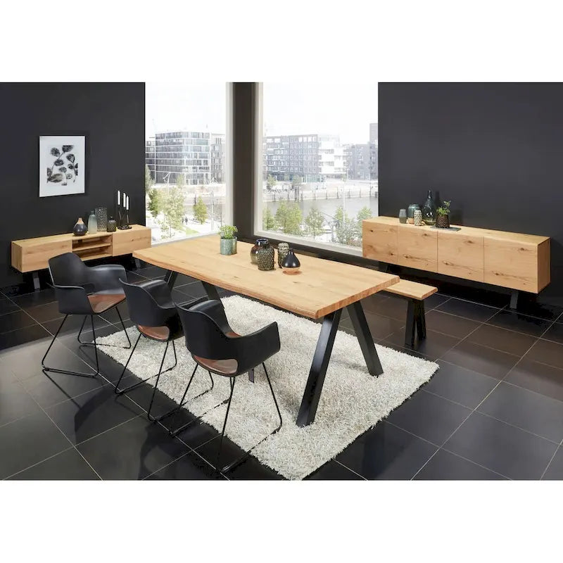 Wavy Edge Industrial Dining Table – Wild Oak Veneer & Birch Top with Black Powder-Coated Steel Legs