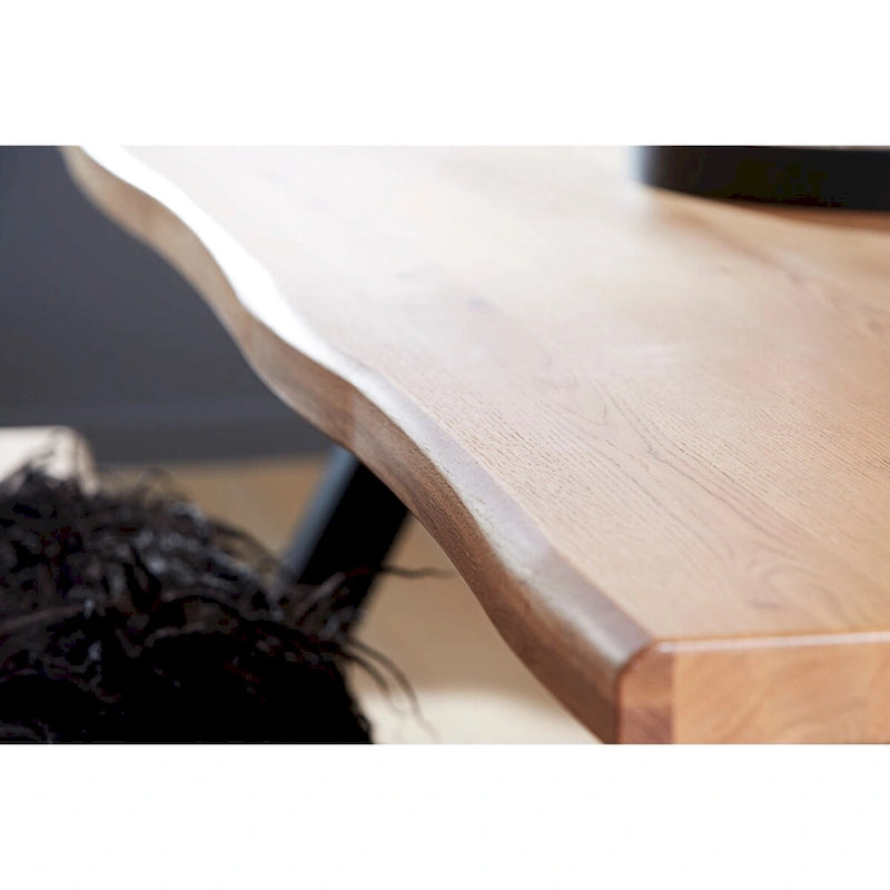 Wavy Edge Industrial Dining Table – Wild Oak Veneer & Birch Top with Black Powder-Coated Steel Legs