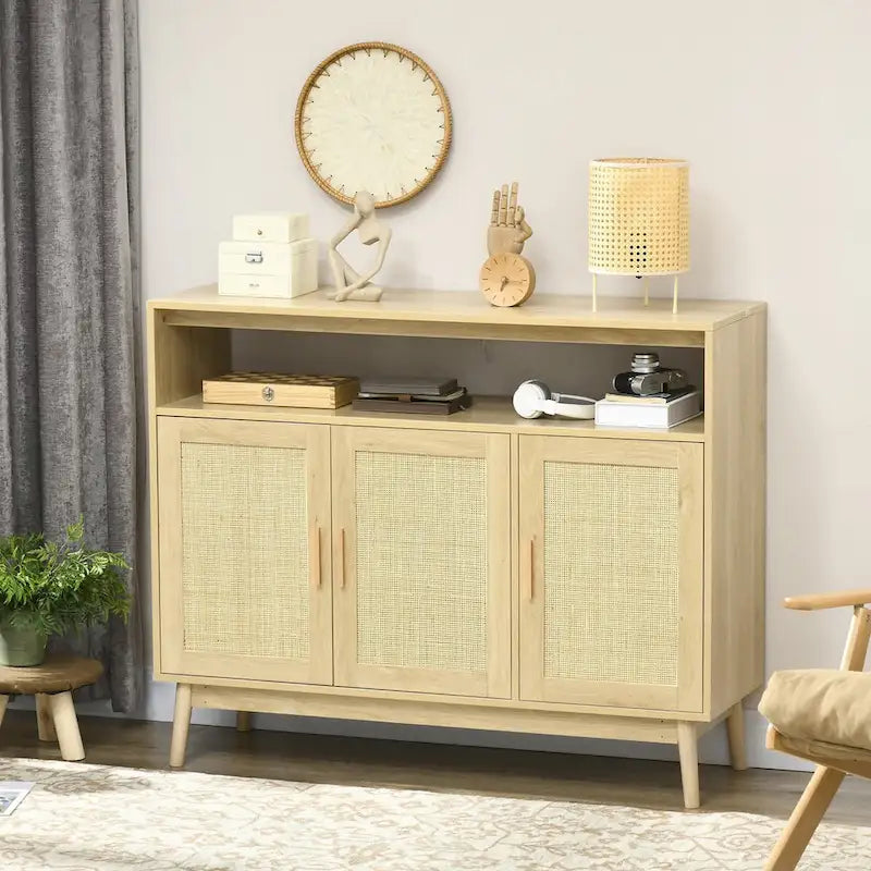 Boho Rattan 3-Door Sideboard Buffet Cabinet – Natural Wood Tone