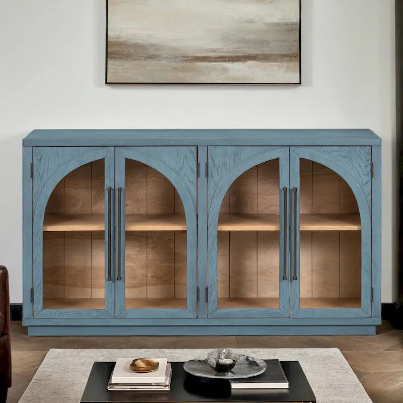 4-Door Retro Sideboard with Arched Glass Doors & Metal Handles — Adjustable Shelves, Navy & Black