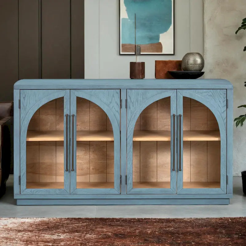 4-Door Retro Sideboard with Arched Glass Doors & Metal Handles — Adjustable Shelves, Navy & Black