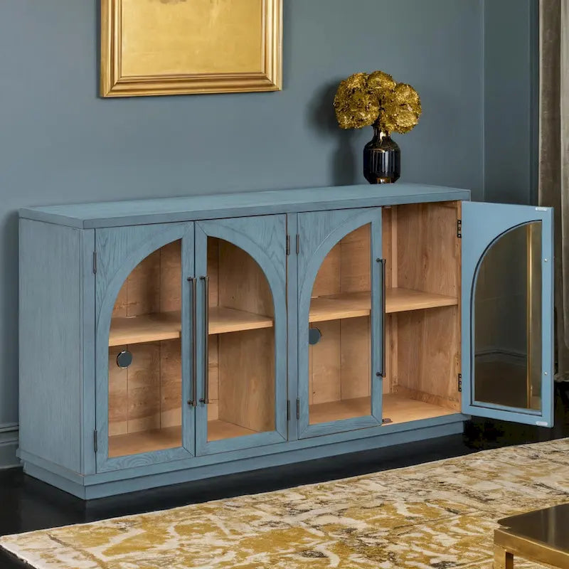 4-Door Retro Sideboard with Arched Glass Doors & Metal Handles — Adjustable Shelves, Navy & Black