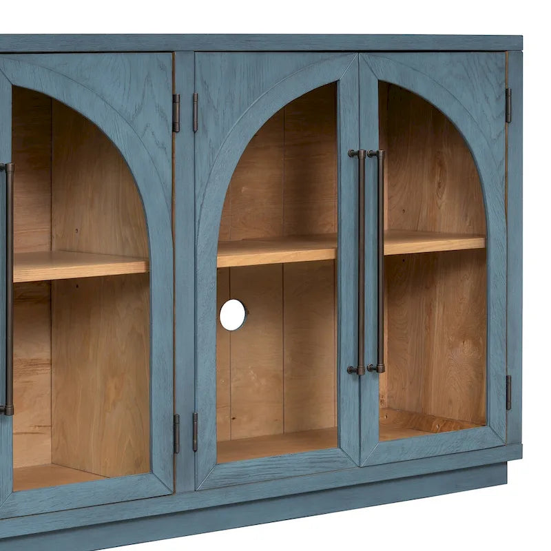 4-Door Retro Sideboard with Arched Glass Doors & Metal Handles — Adjustable Shelves, Navy & Black
