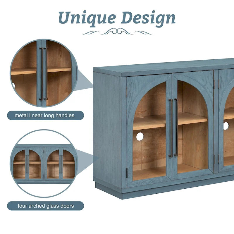 4-Door Retro Sideboard with Arched Glass Doors & Metal Handles — Adjustable Shelves, Navy & Black