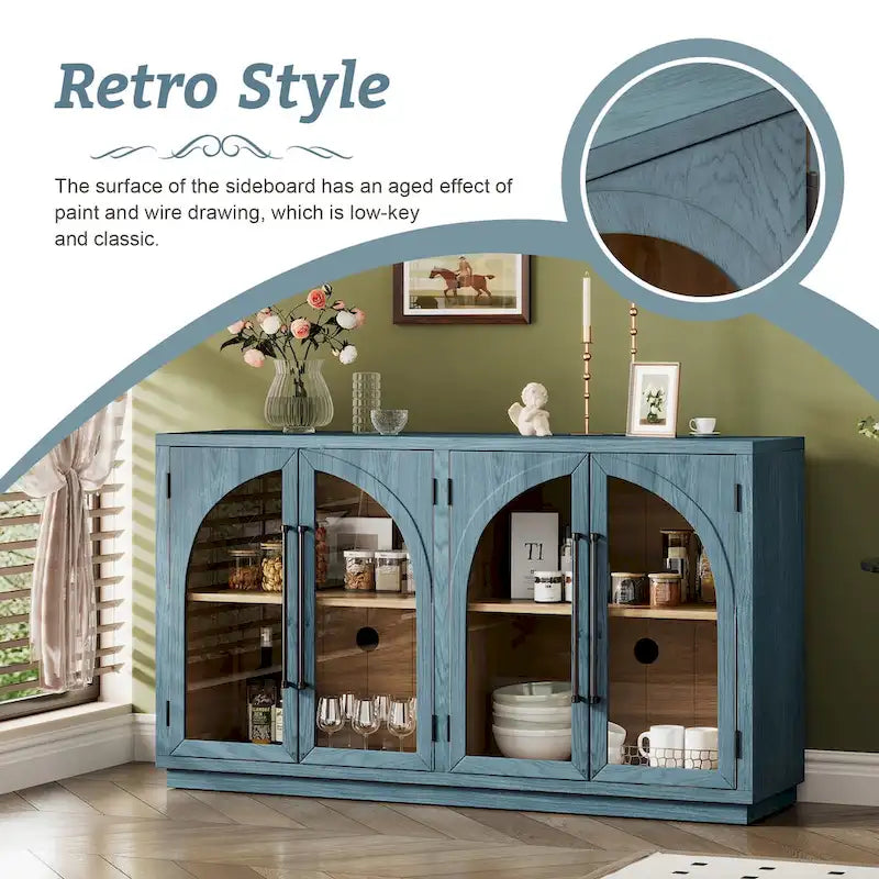 4-Door Retro Sideboard with Arched Glass Doors & Metal Handles — Adjustable Shelves, Navy & Black