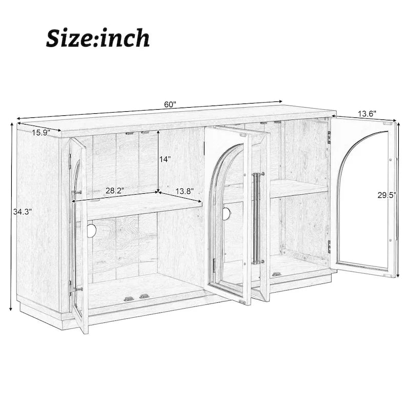 4-Door Retro Sideboard with Arched Glass Doors & Metal Handles — Adjustable Shelves, Navy & Black