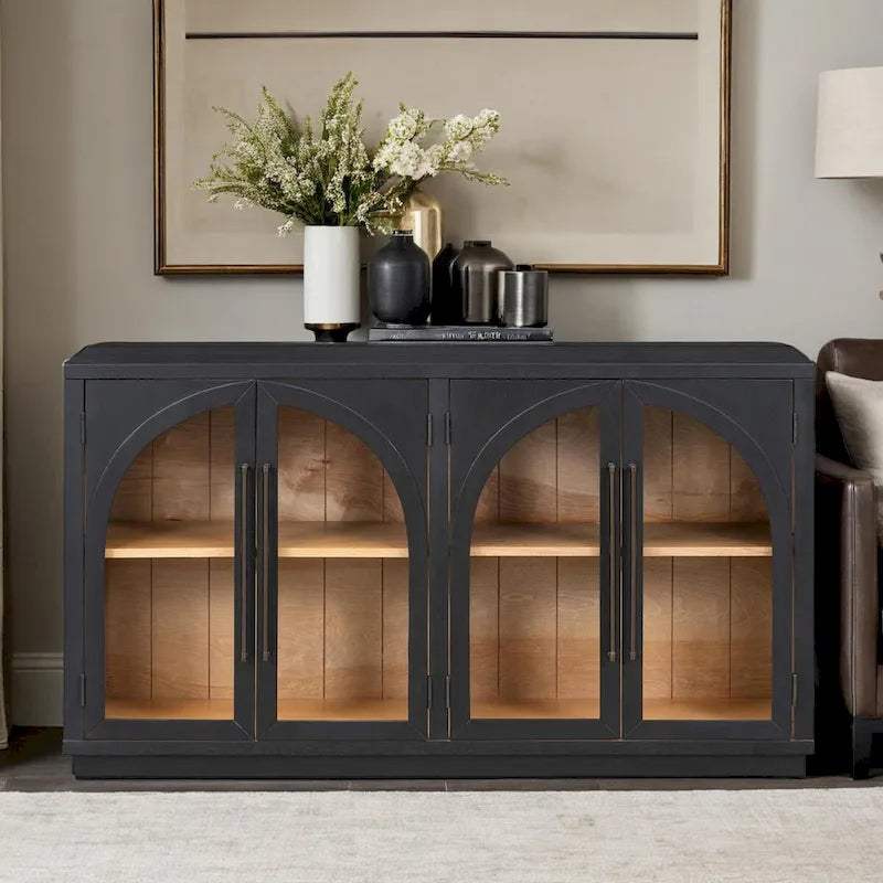 4-Door Retro Sideboard with Arched Glass Doors & Metal Handles — Adjustable Shelves, Navy & Black