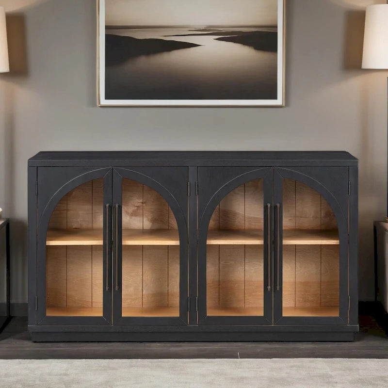 4-Door Retro Sideboard with Arched Glass Doors & Metal Handles — Adjustable Shelves, Navy & Black