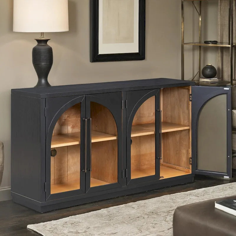 4-Door Retro Sideboard with Arched Glass Doors & Metal Handles — Adjustable Shelves, Navy & Black