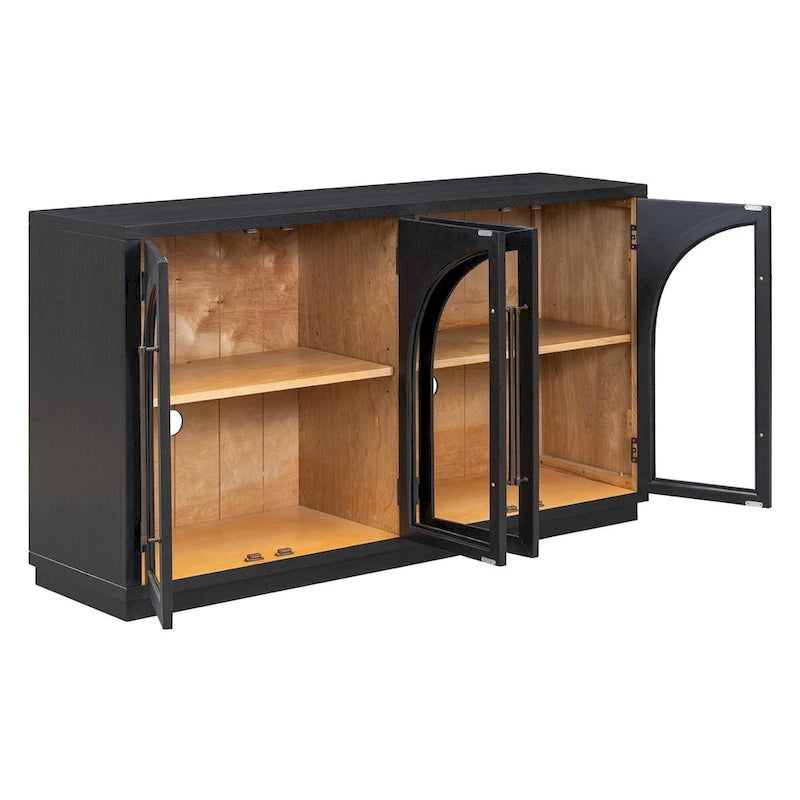 4-Door Retro Sideboard with Arched Glass Doors & Metal Handles — Adjustable Shelves, Navy & Black