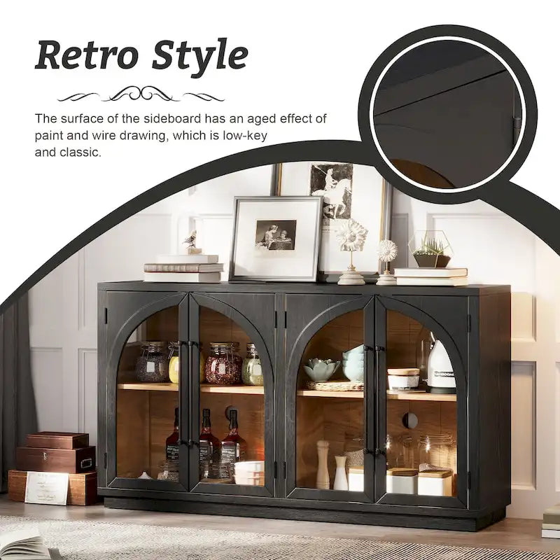 4-Door Retro Sideboard with Arched Glass Doors & Metal Handles — Adjustable Shelves, Navy & Black