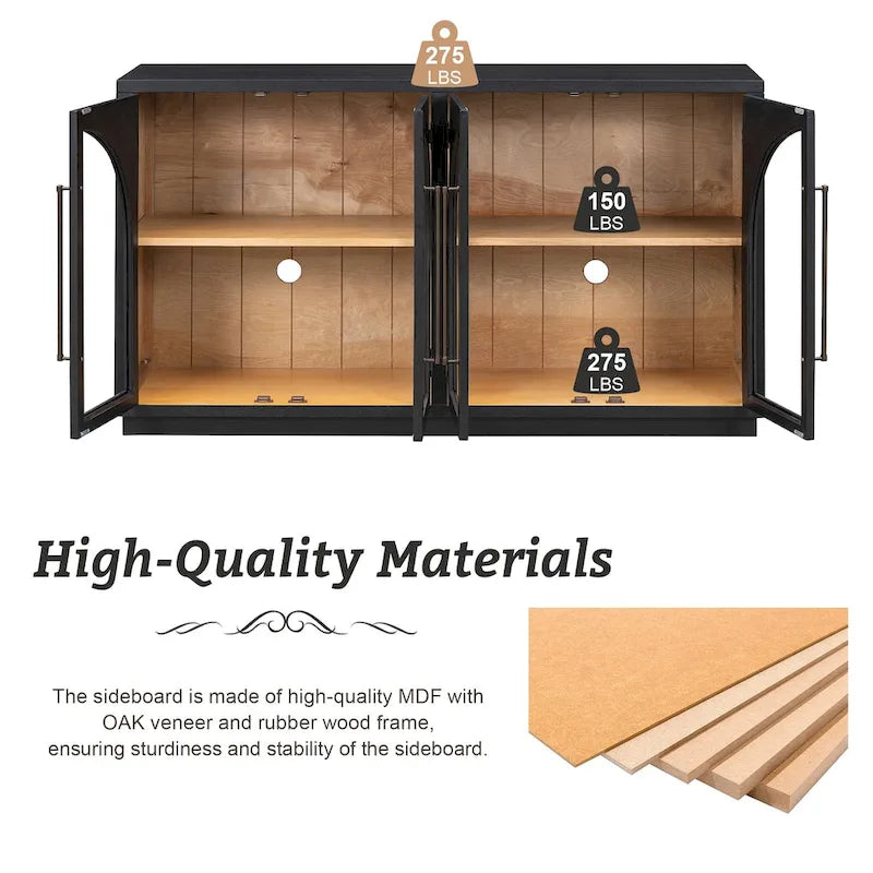 4-Door Retro Sideboard with Arched Glass Doors & Metal Handles — Adjustable Shelves, Navy & Black