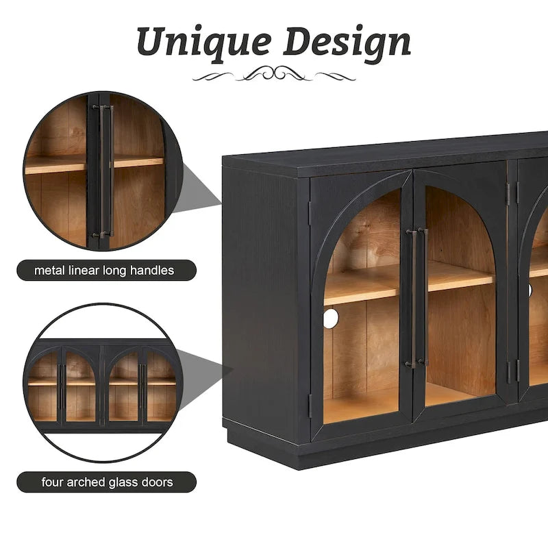 4-Door Retro Sideboard with Arched Glass Doors & Metal Handles — Adjustable Shelves, Navy & Black