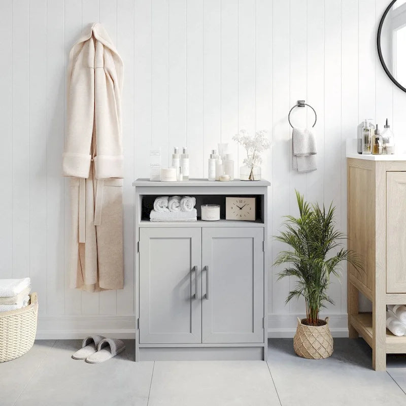 Modern Freestanding Bathroom Storage Cabinet – Magnetic Doors, Open Display Shelf & Adjustable Shelving