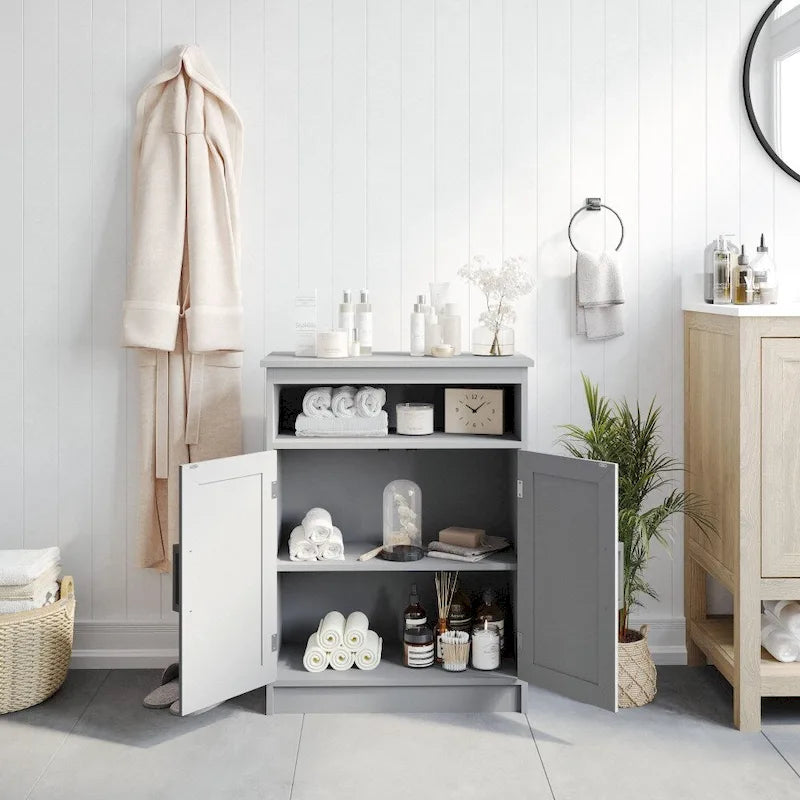 Modern Freestanding Bathroom Storage Cabinet – Magnetic Doors, Open Display Shelf & Adjustable Shelving