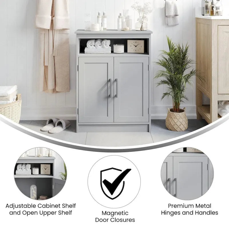 Modern Freestanding Bathroom Storage Cabinet – Magnetic Doors, Open Display Shelf & Adjustable Shelving