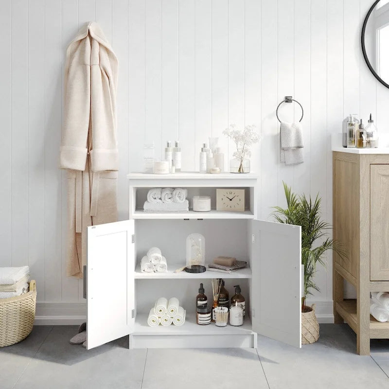 Modern Freestanding Bathroom Storage Cabinet – Magnetic Doors, Open Display Shelf & Adjustable Shelving