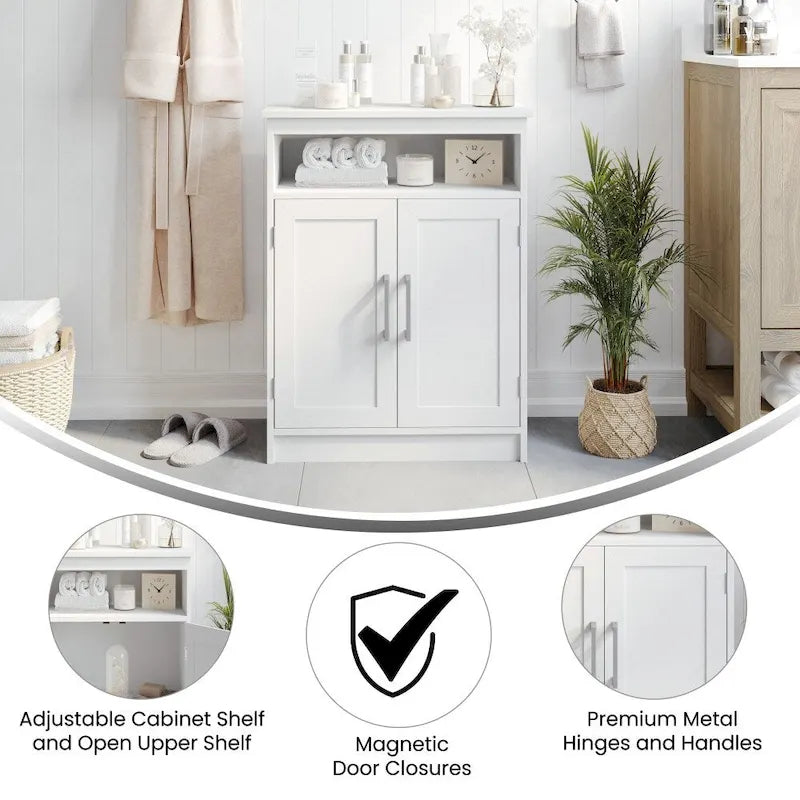 Modern Freestanding Bathroom Storage Cabinet – Magnetic Doors, Open Display Shelf & Adjustable Shelving