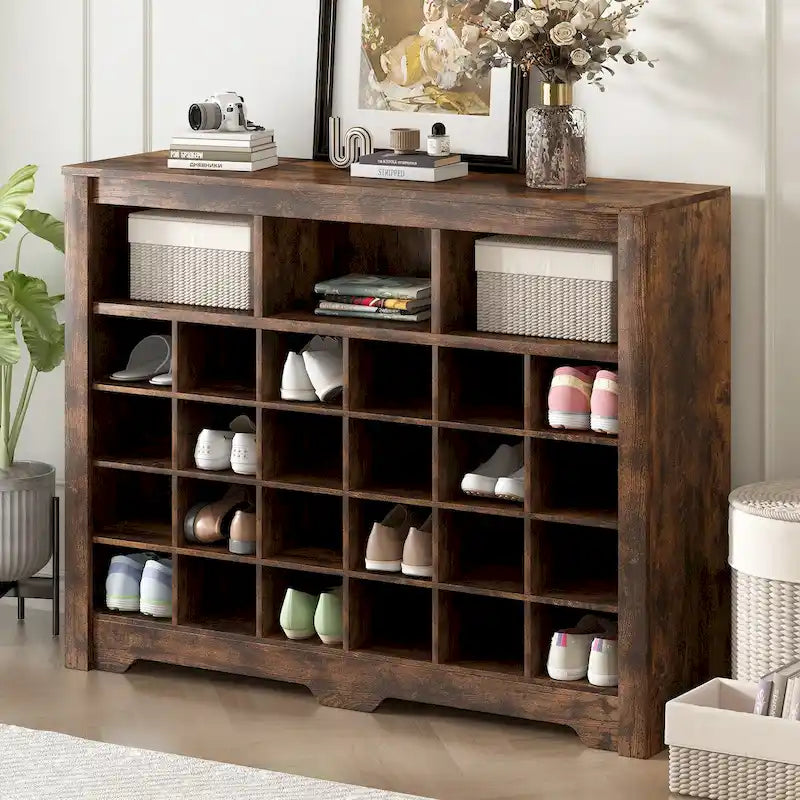 24-Cubby Shoe Cabinet with Curved Base & Open Top Storage — Rustic Brown