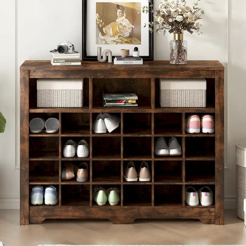 24-Cubby Shoe Cabinet with Curved Base & Open Top Storage — Rustic Brown