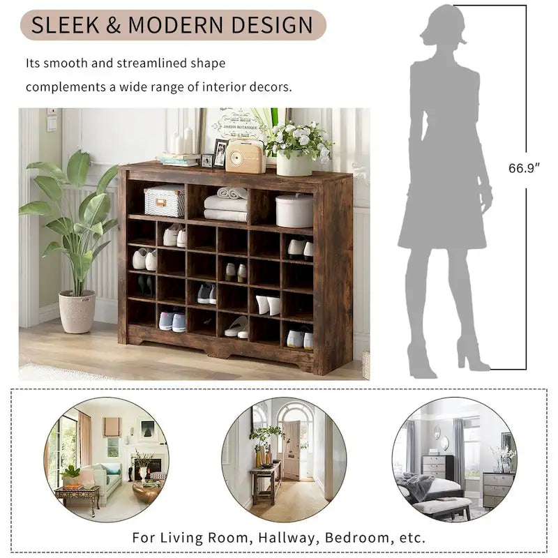 24-Cubby Shoe Cabinet with Curved Base & Open Top Storage — Rustic Brown