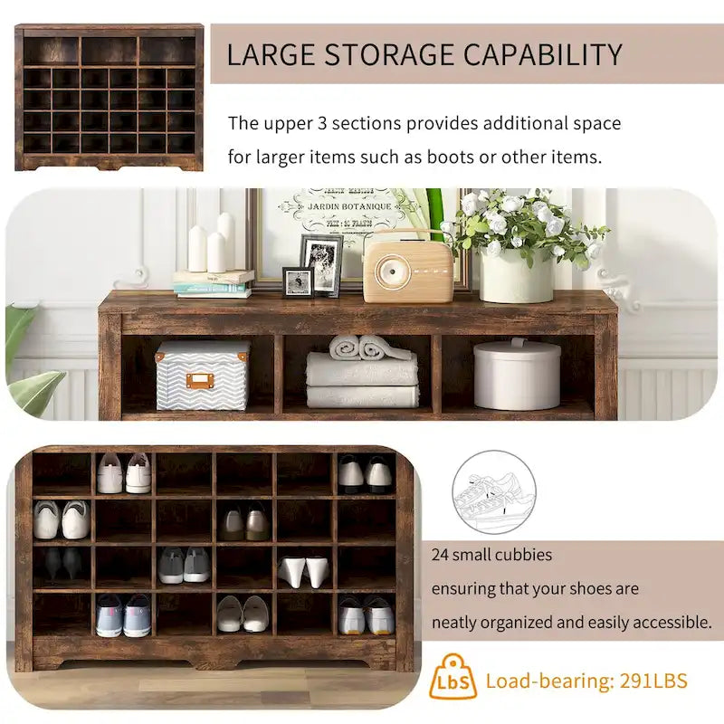 24-Cubby Shoe Cabinet with Curved Base & Open Top Storage — Rustic Brown