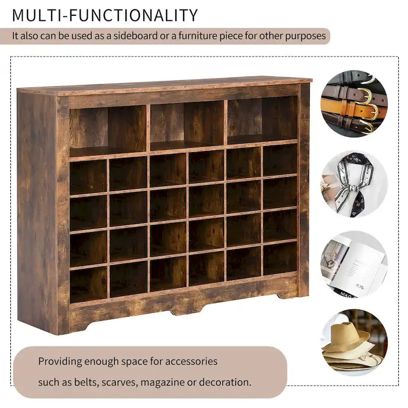 24-Cubby Shoe Cabinet with Curved Base & Open Top Storage — Rustic Brown