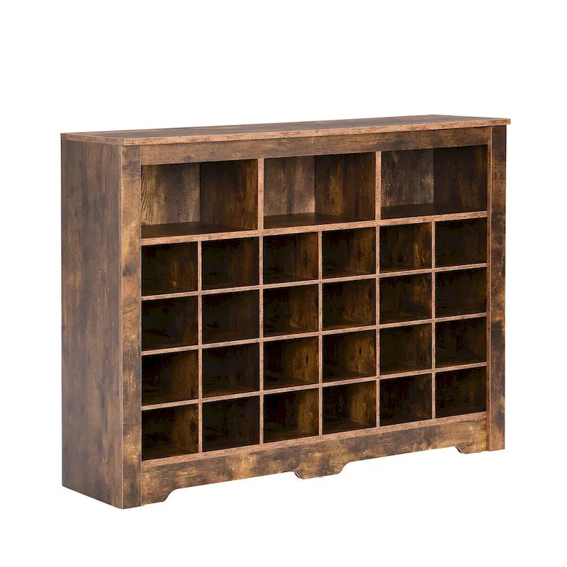 24-Cubby Shoe Cabinet with Curved Base & Open Top Storage — Rustic Brown