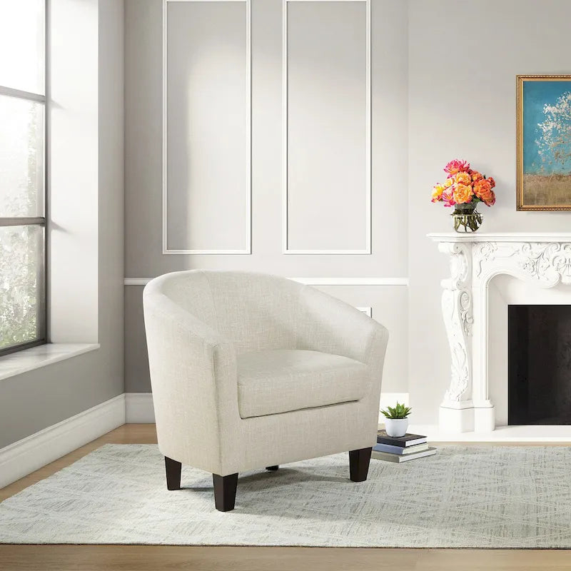 Mid-Century Tub Chair with Solid Wood Espresso Legs — Linen & Denim