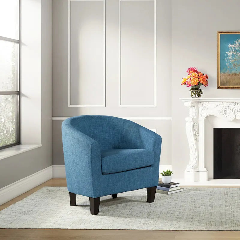 Mid-Century Tub Chair with Solid Wood Espresso Legs — Linen & Denim