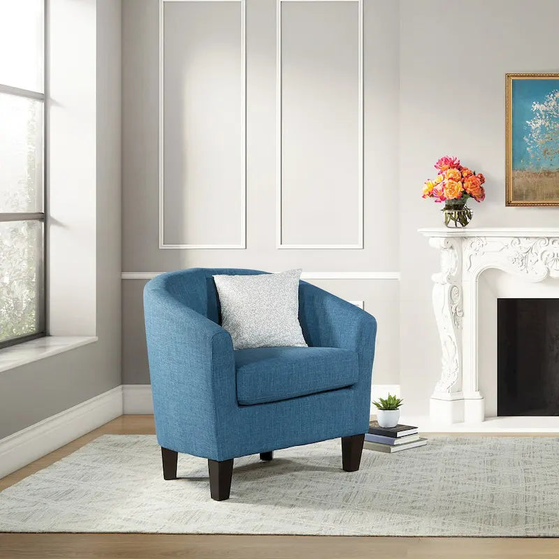 Mid-Century Tub Chair with Solid Wood Espresso Legs — Linen & Denim
