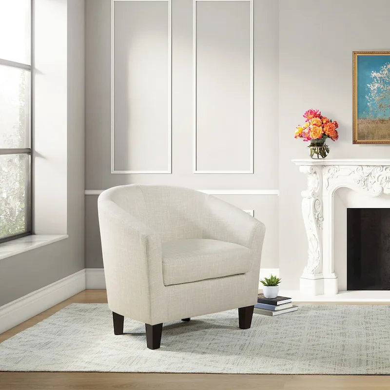 Mid-Century Tub Chair with Solid Wood Espresso Legs — Linen & Denim