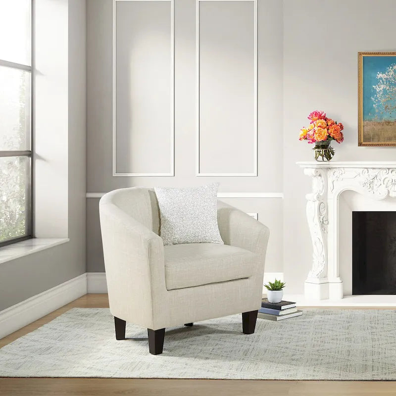 Mid-Century Tub Chair with Solid Wood Espresso Legs — Linen & Denim